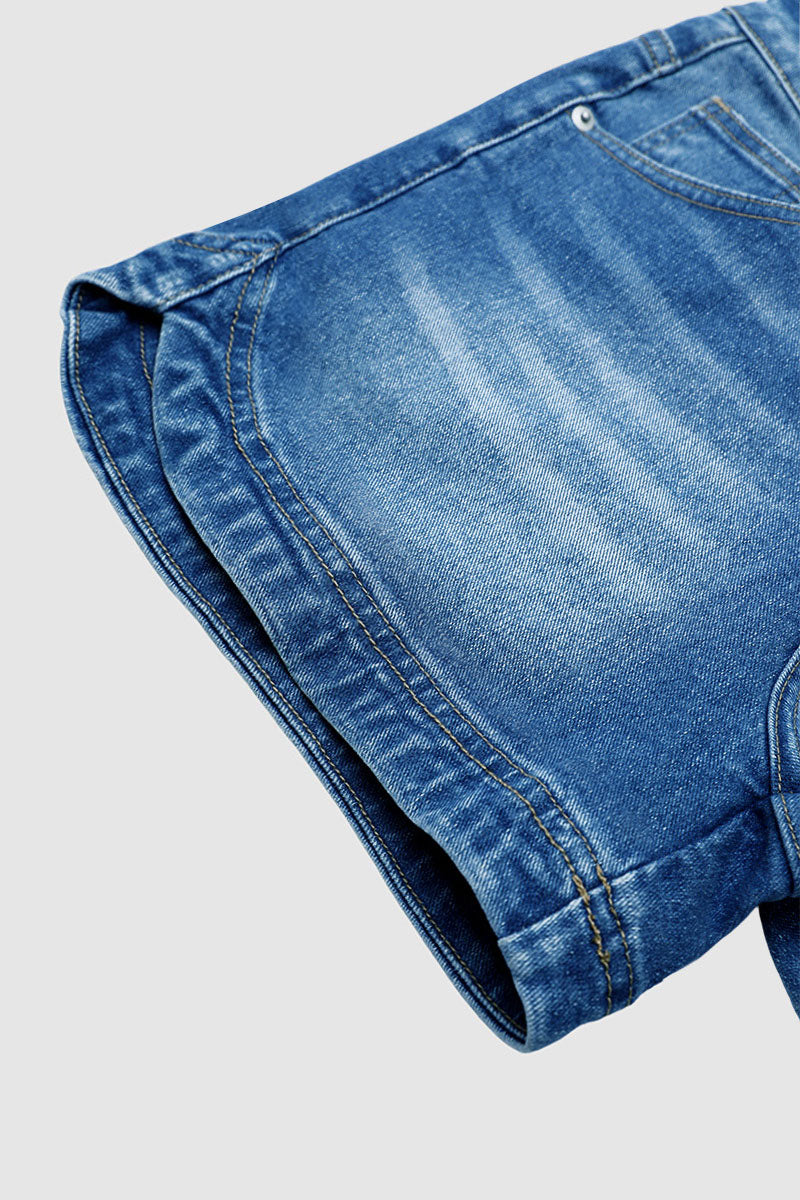 Wash Split Studded Mid Waist Denim Shorts