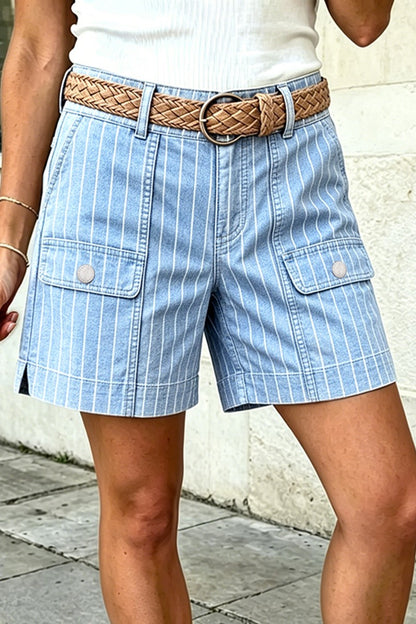 Pinstriped Split Flap Decor Mid Waist Denim Mid Thigh Shorts Without Belt
