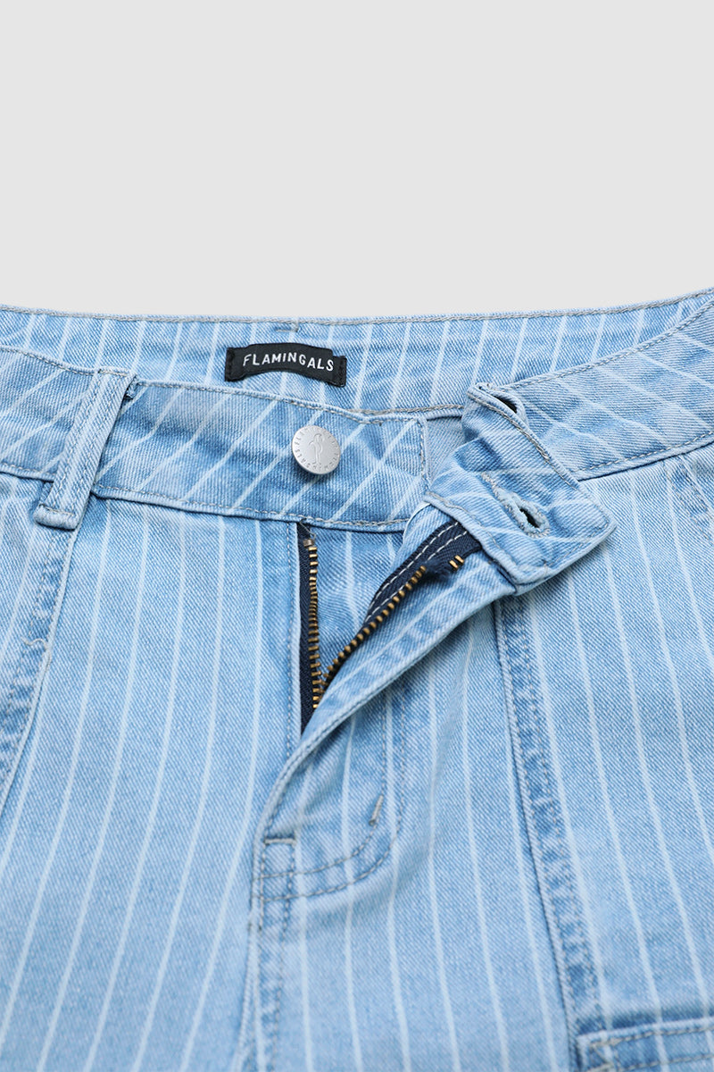 Pinstriped Split Flap Decor Mid Waist Denim Mid Thigh Shorts Without Belt