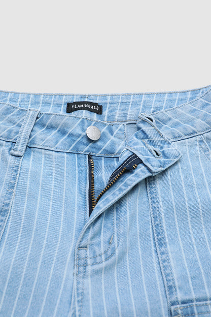 Pinstriped Split Flap Decor Mid Waist Denim Mid Thigh Shorts Without Belt