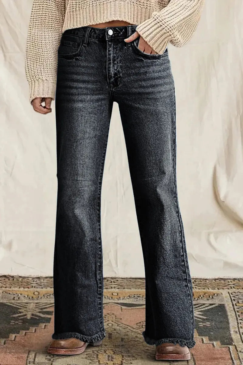 Raw Hem Mid Waist Straight Leg Jeans