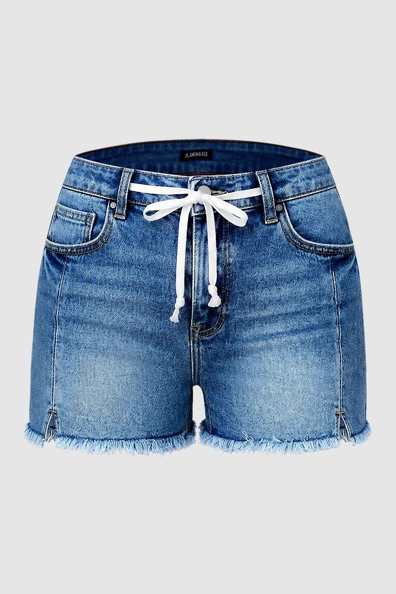 Wash Split Raw Hem Drawstring Mid Rise Denim Shorts