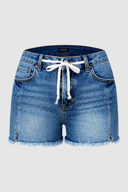 Wash Split Raw Hem Drawstring Mid Rise Denim Shorts