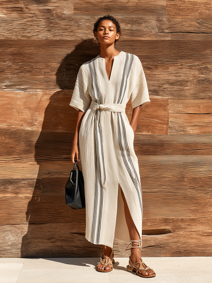 Stylish Elegant White-Black Striped Stand-Up Collar V-Neck Short-Sleeve Loose Fit Waist Tie Front Slit Ribbed Knit Maxi Dress