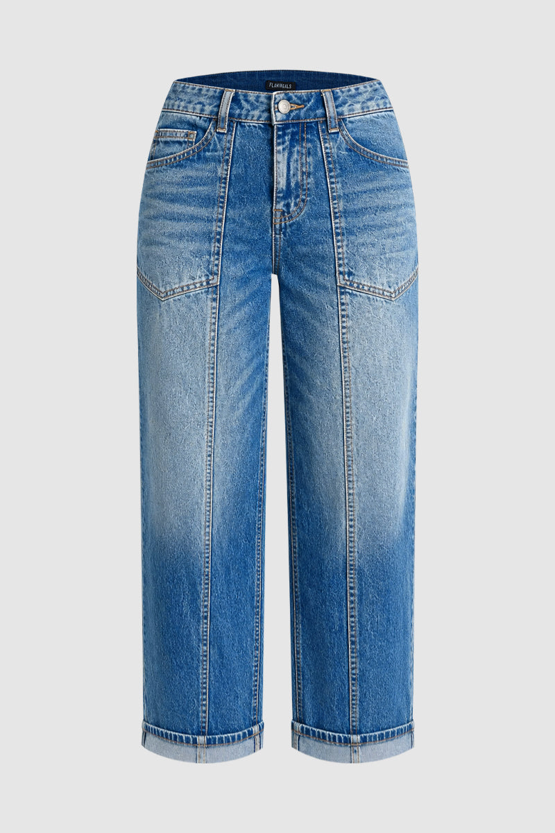Wash Seam Front Patch Pocket Mid Rise Wide Leg Crop Jeans Without Belt