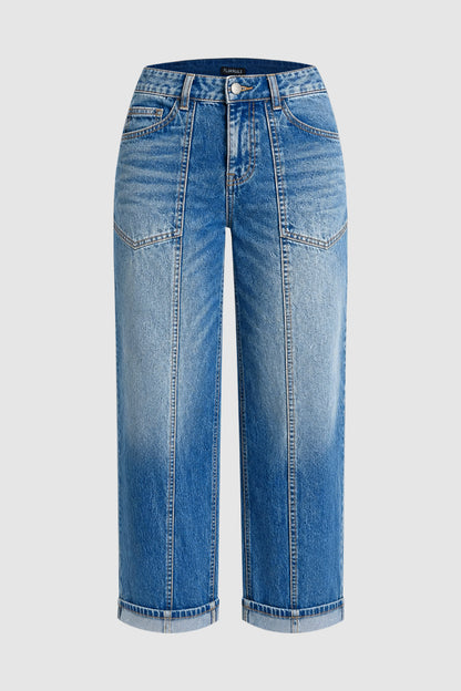 Wash Seam Front Patch Pocket Mid Rise Wide Leg Crop Jeans Without Belt