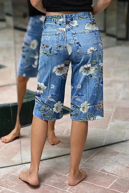 Floral Print Seam Front Mid Waist Denim Bermuda Shorts