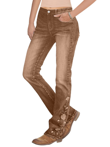 Washed Floral Embroidery Stretchy Mid Waist Bootcut Jeans