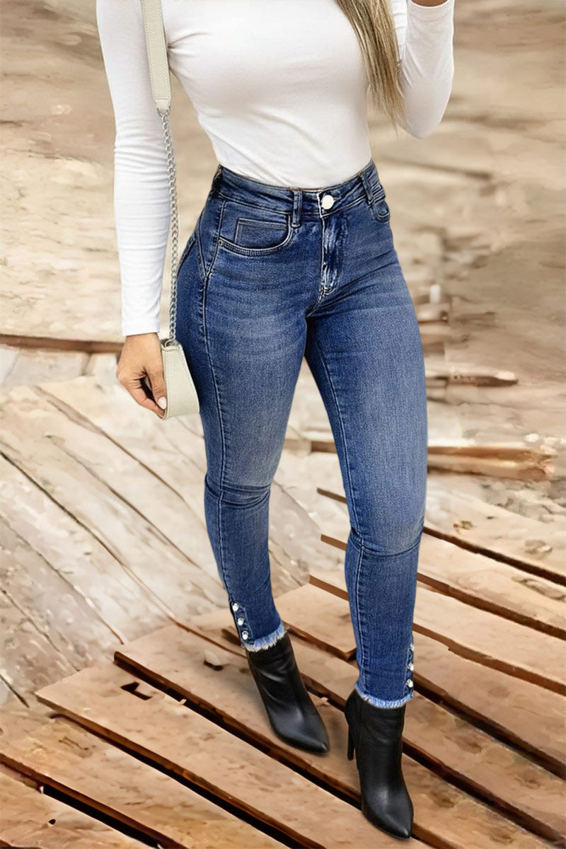 Pearl Button Side Raw Hem High Waist Skinny Jeans
