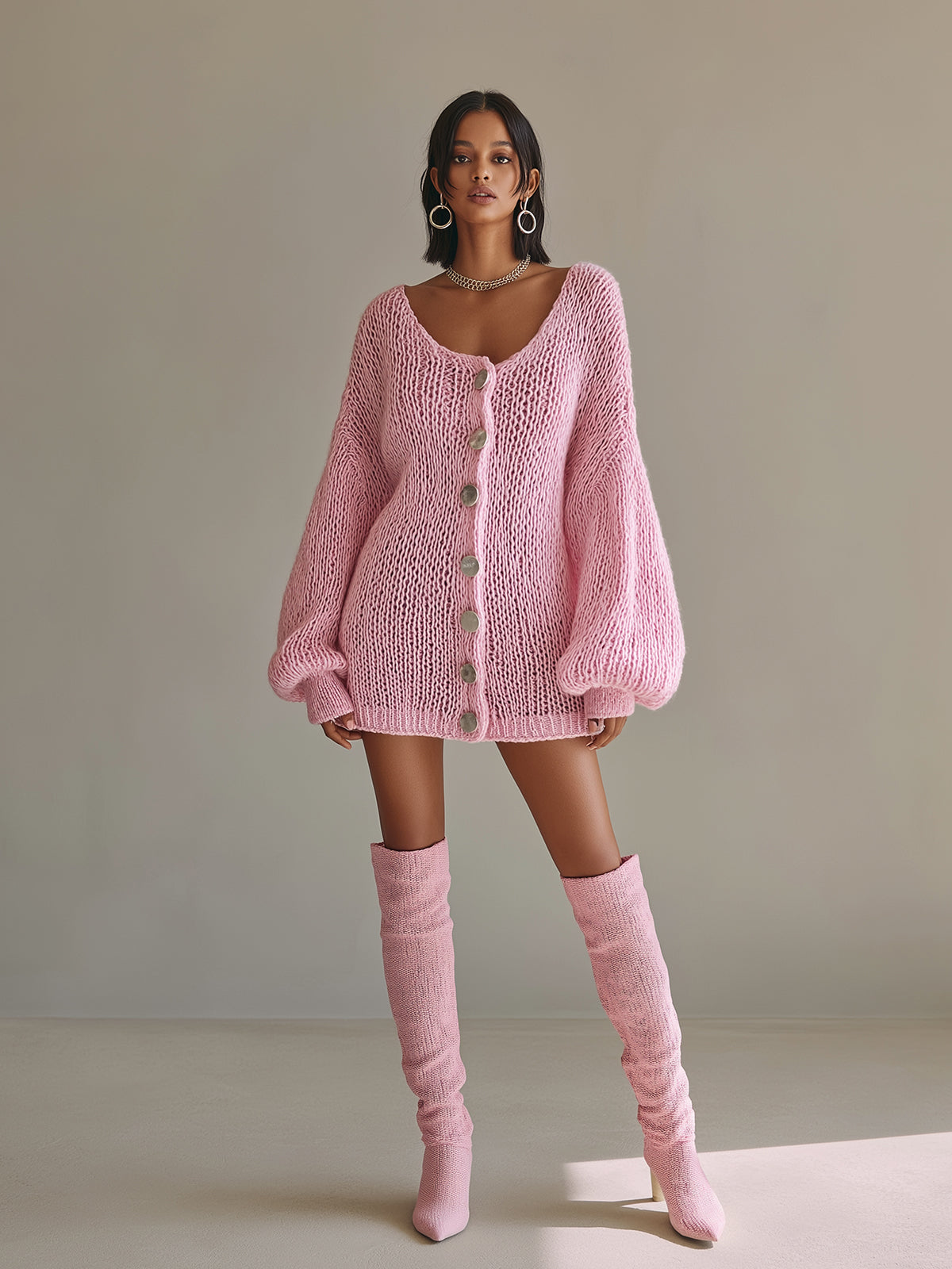 Chic Elegant Pink U-Neck Long Lantern Sleeve Single-Breasted Loose-Fit Soft Knit Mini Dress