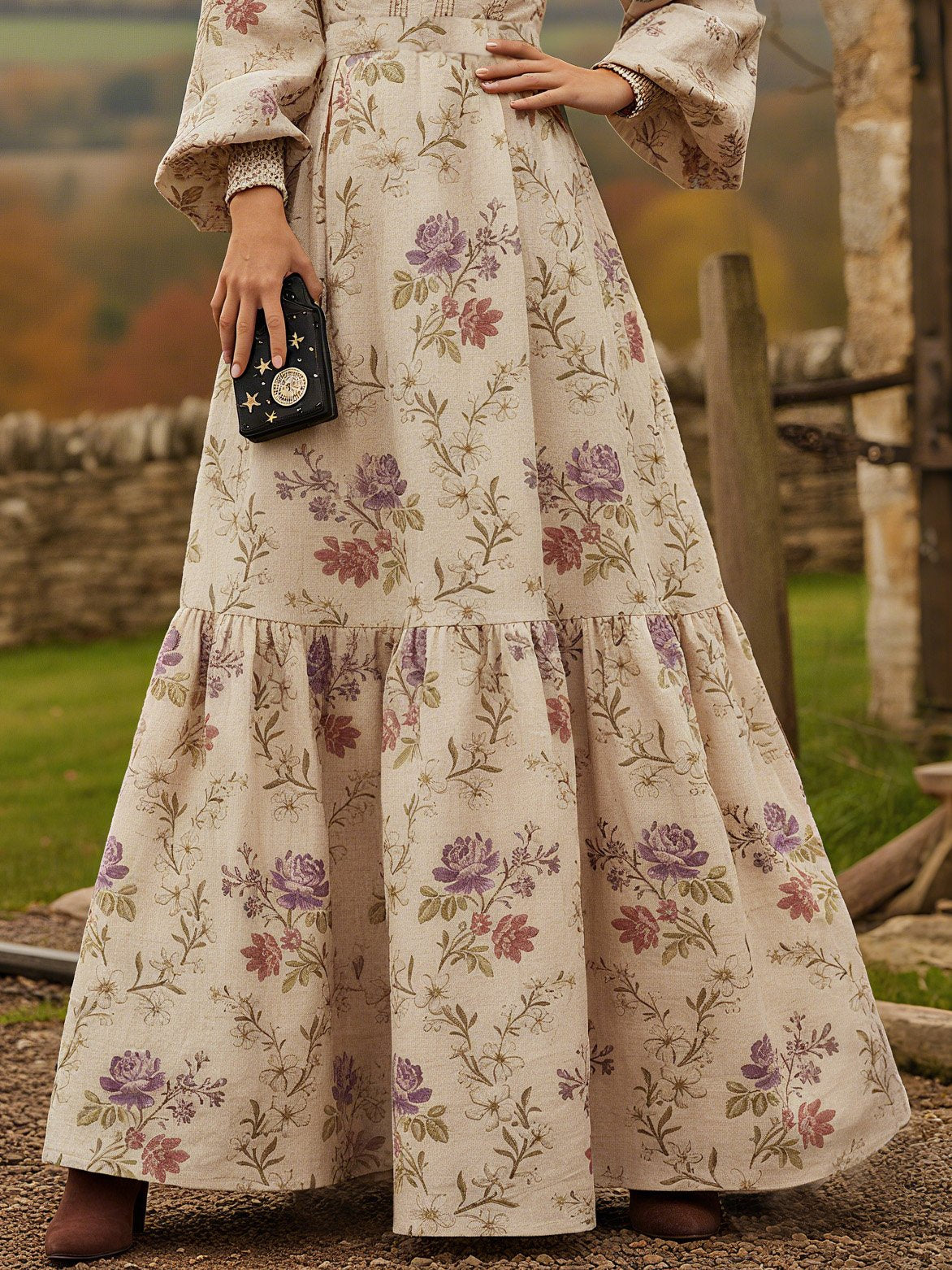 Robe longue en lin, manches longues, col en V, motif floral, vintage, couleur abricot
