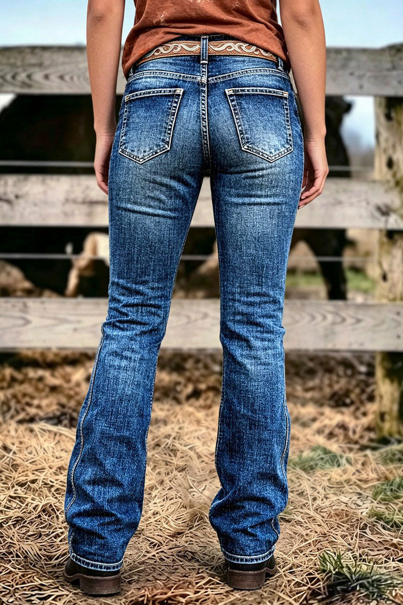 Wash Stitch Detail Mid Waist Bootcut Jeans Without Belt