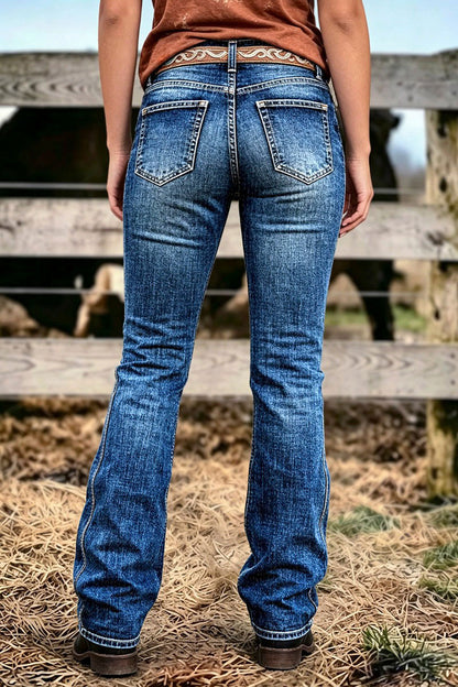 Wash Stitch Detail Mid Waist Bootcut Jeans Without Belt