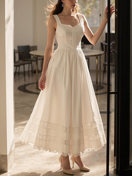 Robe longue en lin, sans manches, encolure en cœur, unie, dentelle, vintage, blanche