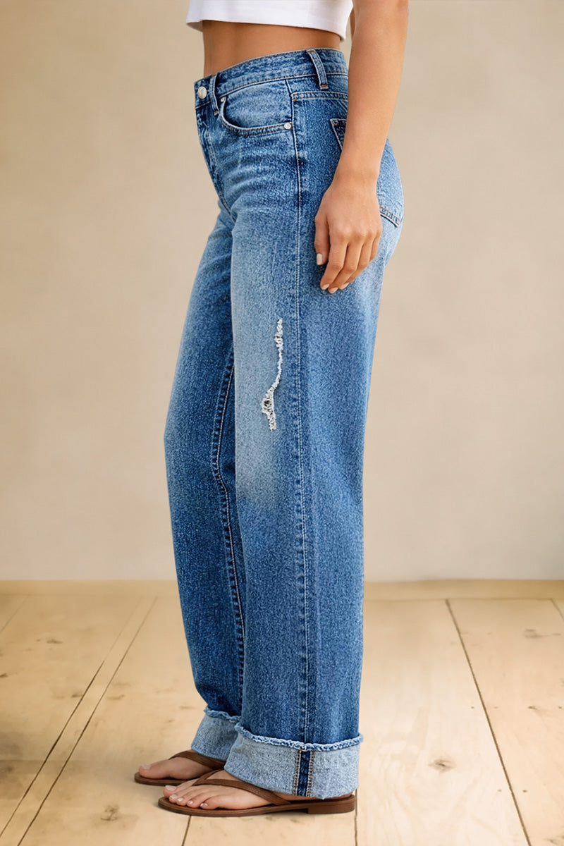 Wash Ripped Roll Hem Mid Waist Straight Leg Jeans
