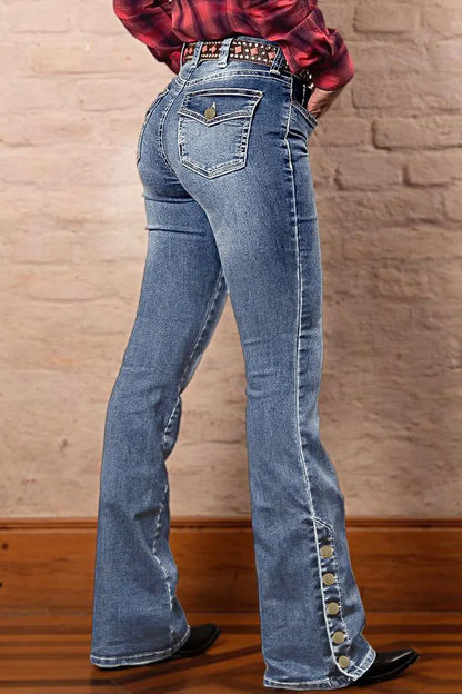 Wash Mid Waist Buttoned Hem Bootcut Jeans Without Belt