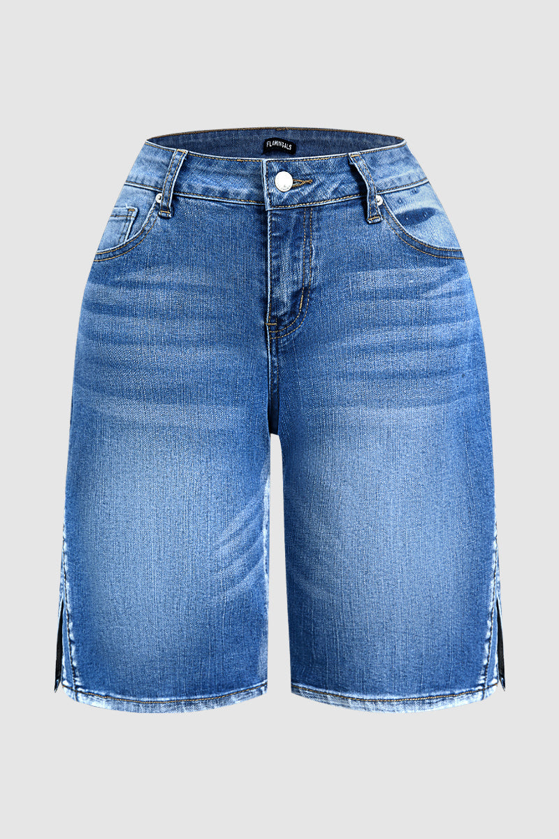 Wash Split Hollow Out Mid Waist Denim Bermuda Shorts