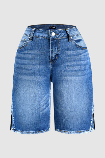 Wash Split Hollow Out Mid Waist Denim Bermuda Shorts