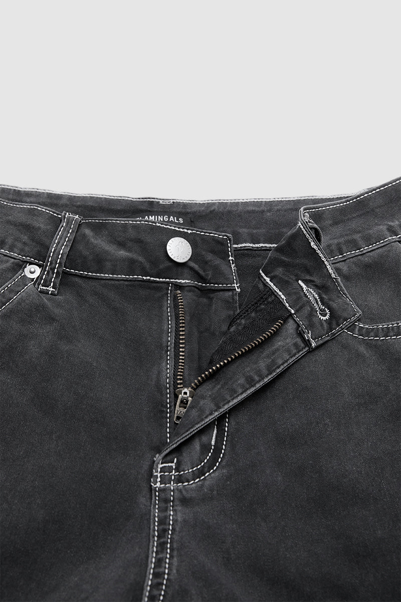 Wash Flap Pocket Seam Detail High Waist Straight Leg Pants Without Belt