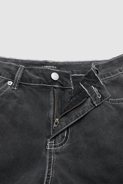 Wash Flap Pocket Seam Detail High Waist Straight Leg Pants Without Belt