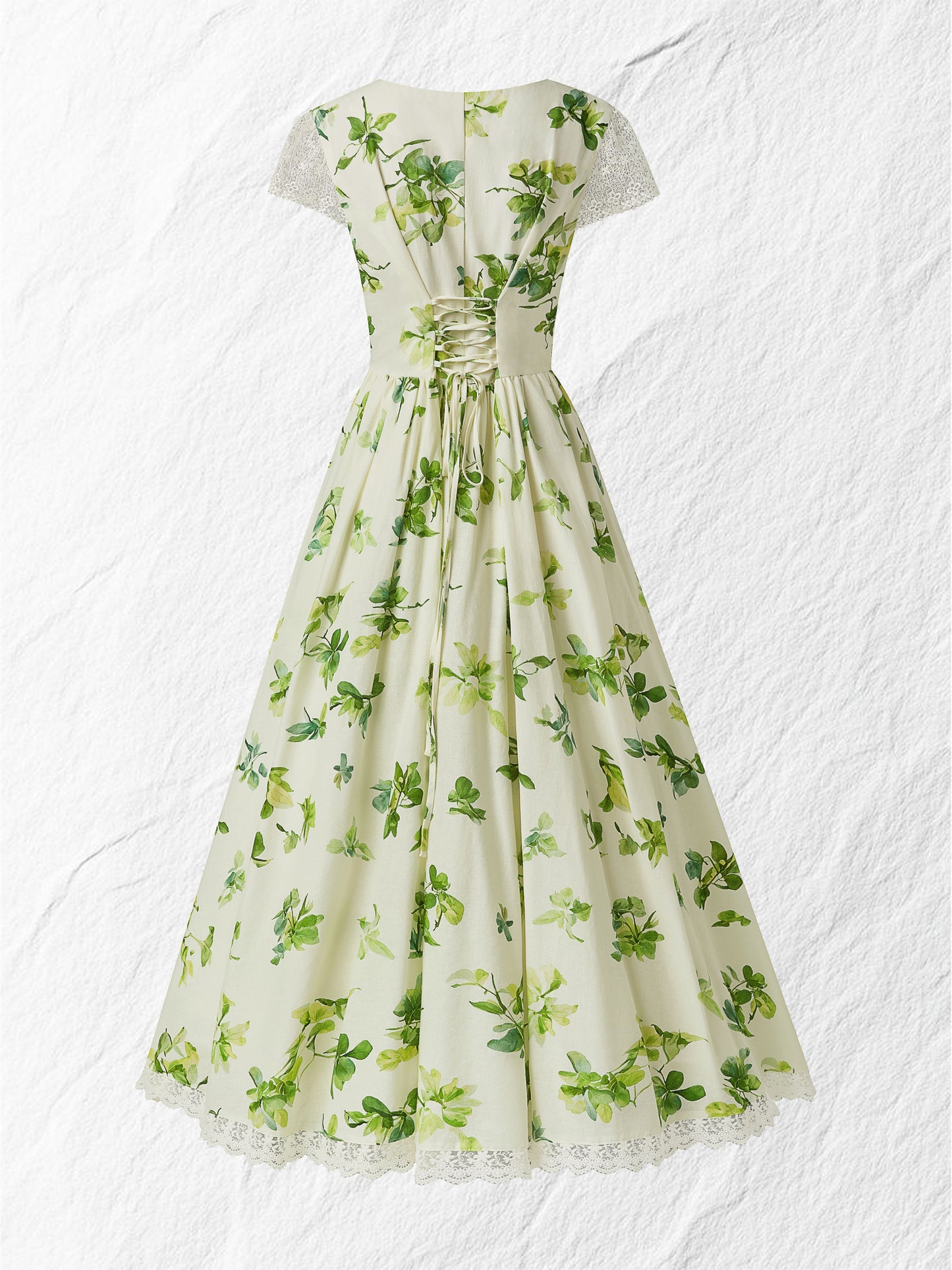 Robe longue en lin, manches courtes, col en V, motif floral, vintage, vert