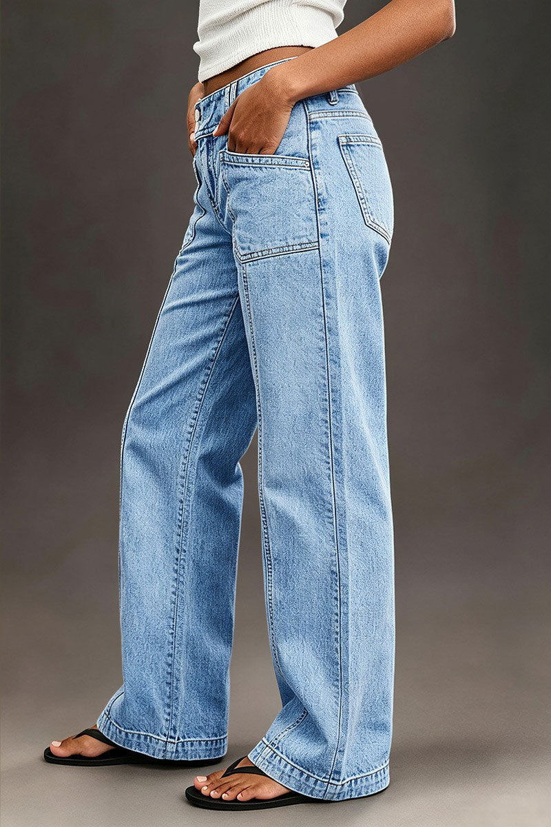 Wash Asymmetrical Stitch Detail Mid Waist Wide Leg Jeans