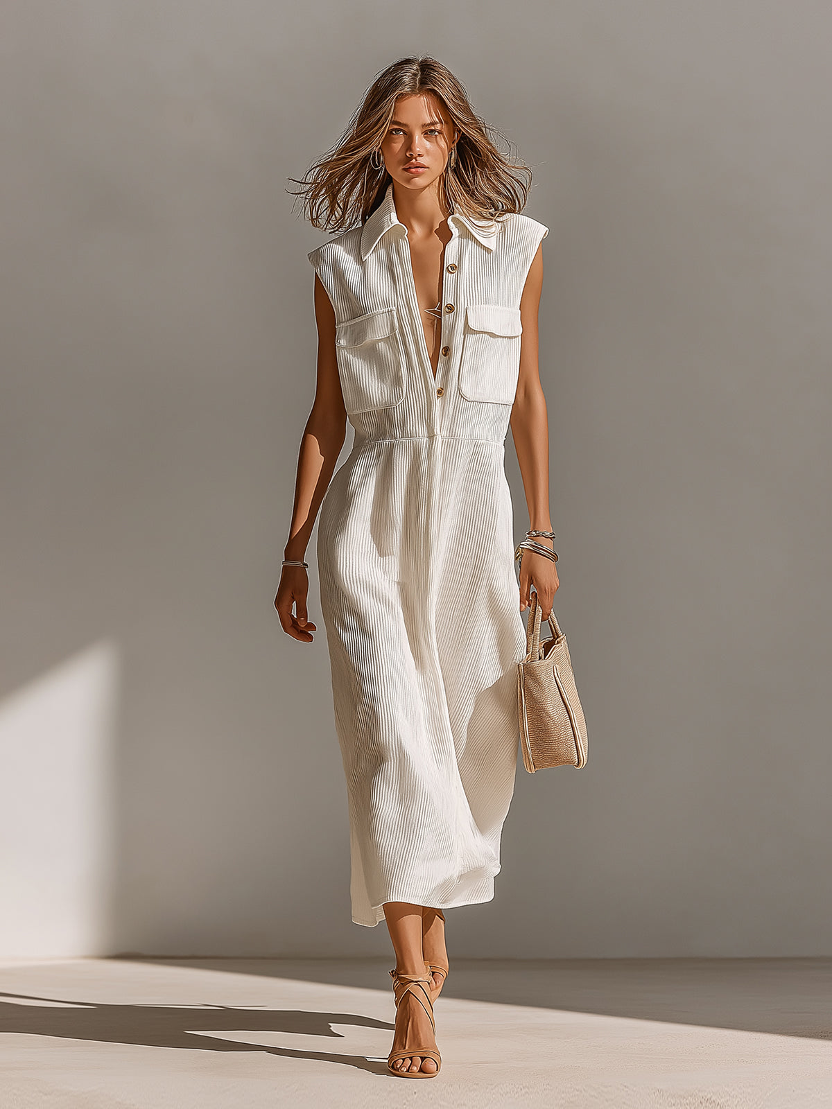 Chic Elegant Cream White Lapel Collar Button-Front Chest Pockets Sleeveless Loose-Fit Ribbed Knit Maxi Dress