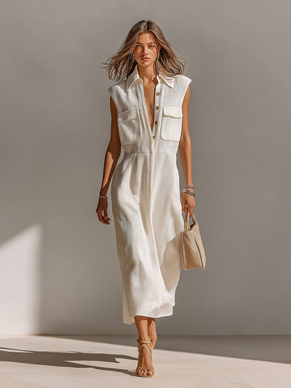 Chic Elegant Cream White Lapel Collar Button-Front Chest Pockets Sleeveless Loose-Fit Ribbed Knit Maxi Dress