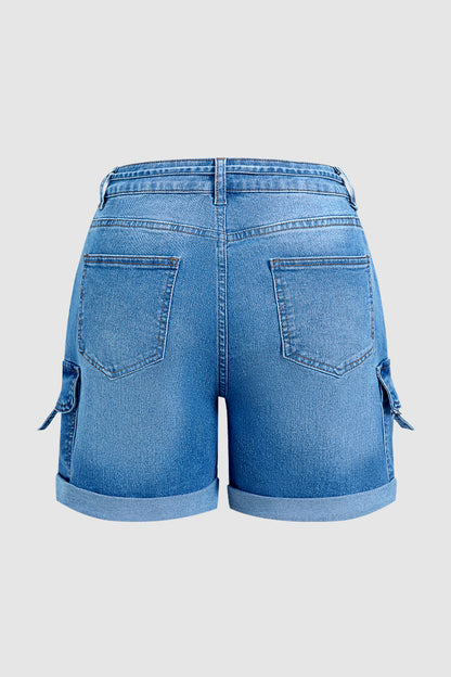 Roll Hem Drawstring Mid Waist Denim Mid Thigh Shorts
