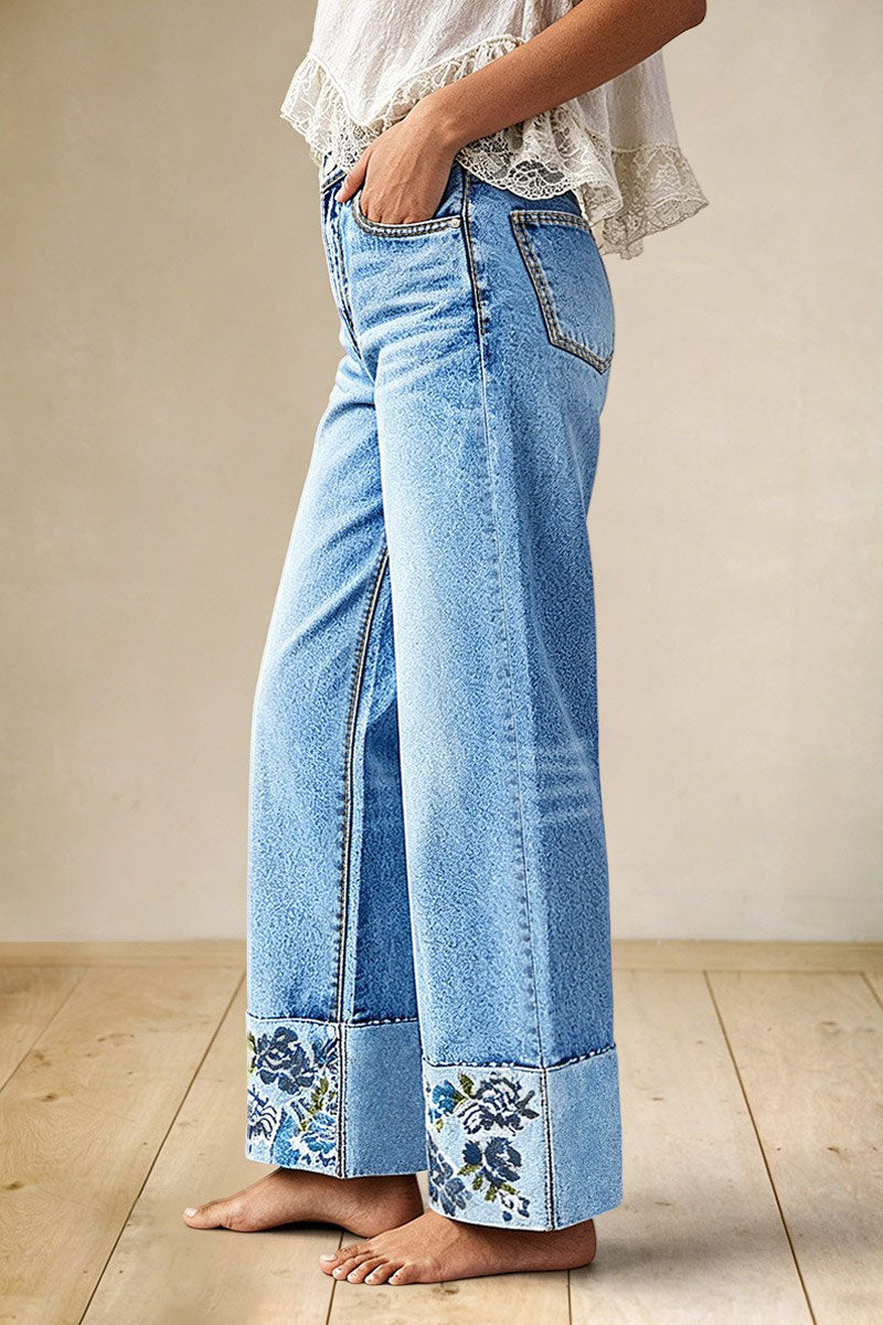 Wash Floral Embroidery Roll Hem Mid Rise Straight Leg Jeans