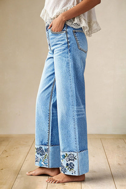 Wash Floral Embroidery Roll Hem Mid Rise Straight Leg Jeans