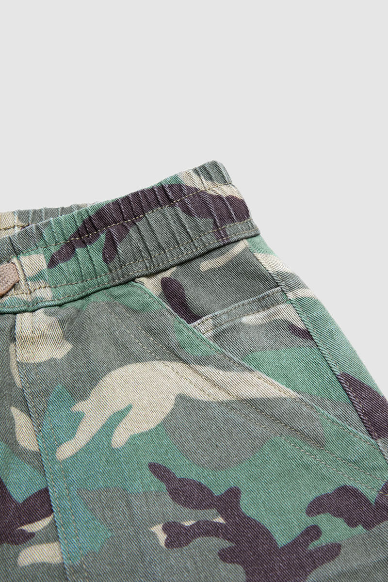 Camo Drawstring Mid Waist Barrel Leg Crop Pants