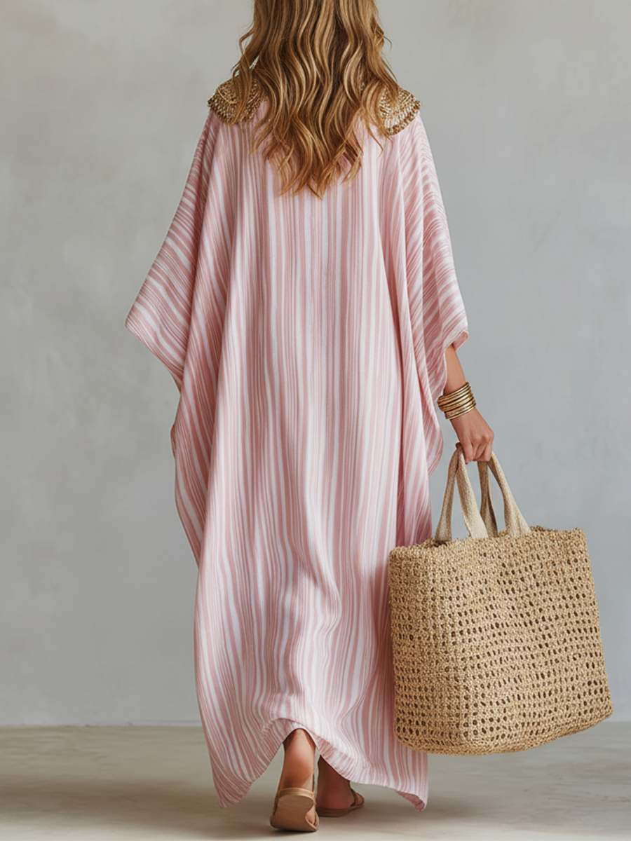 Robe Kaftan Rayée Rose Pâle Style Bohème