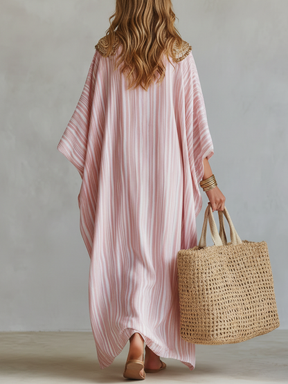 Robe Kaftan Rayée Rose Pâle Style Bohème