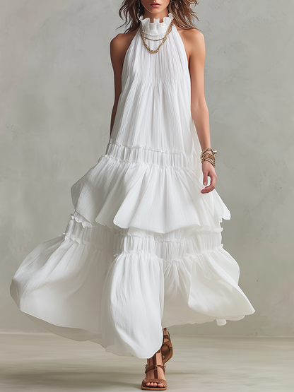 Robe longue bohème vaporeuse à col montant et volants