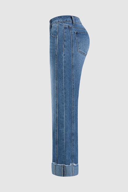 Wash Seam Front Roll Raw Hem Mid Rise Straight Leg Crop Jeans Without Belt