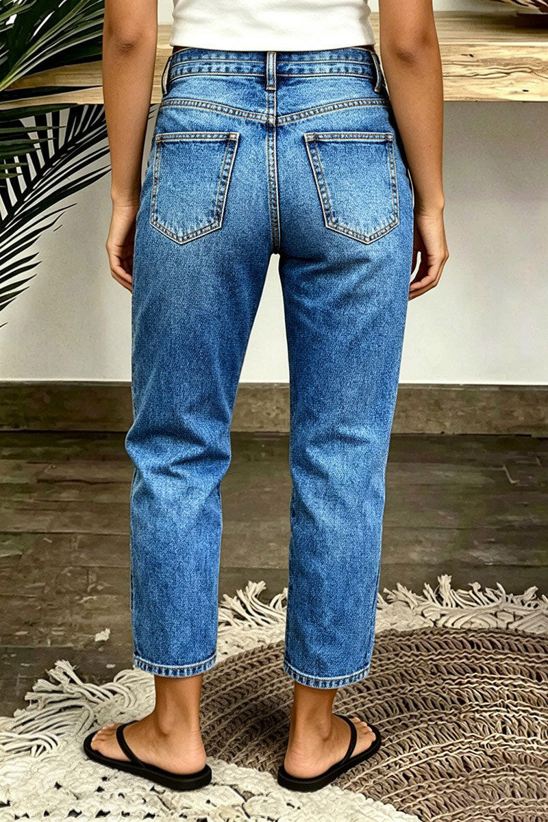 Wash Dual Button Mid Rise Straight Leg Crop Jeans
