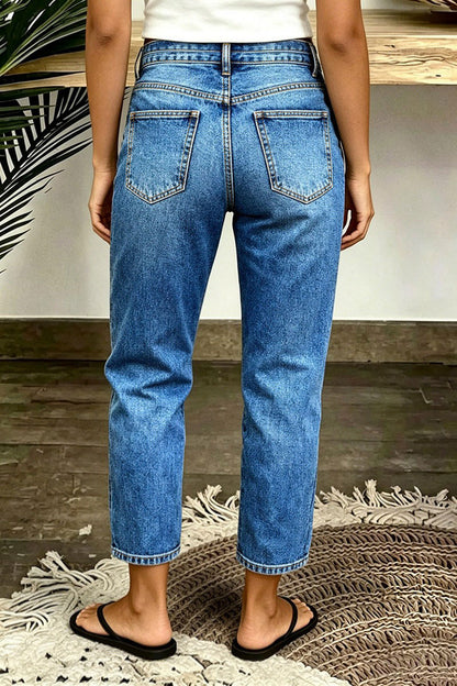 Wash Dual Button Mid Rise Straight Leg Crop Jeans