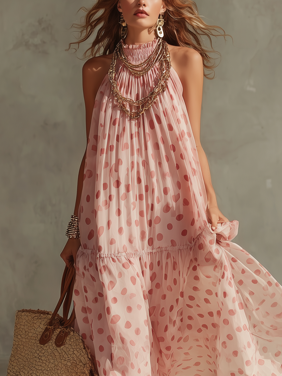 Robe longue à pois roses style complexe hôtelier, dos nu et fluide
