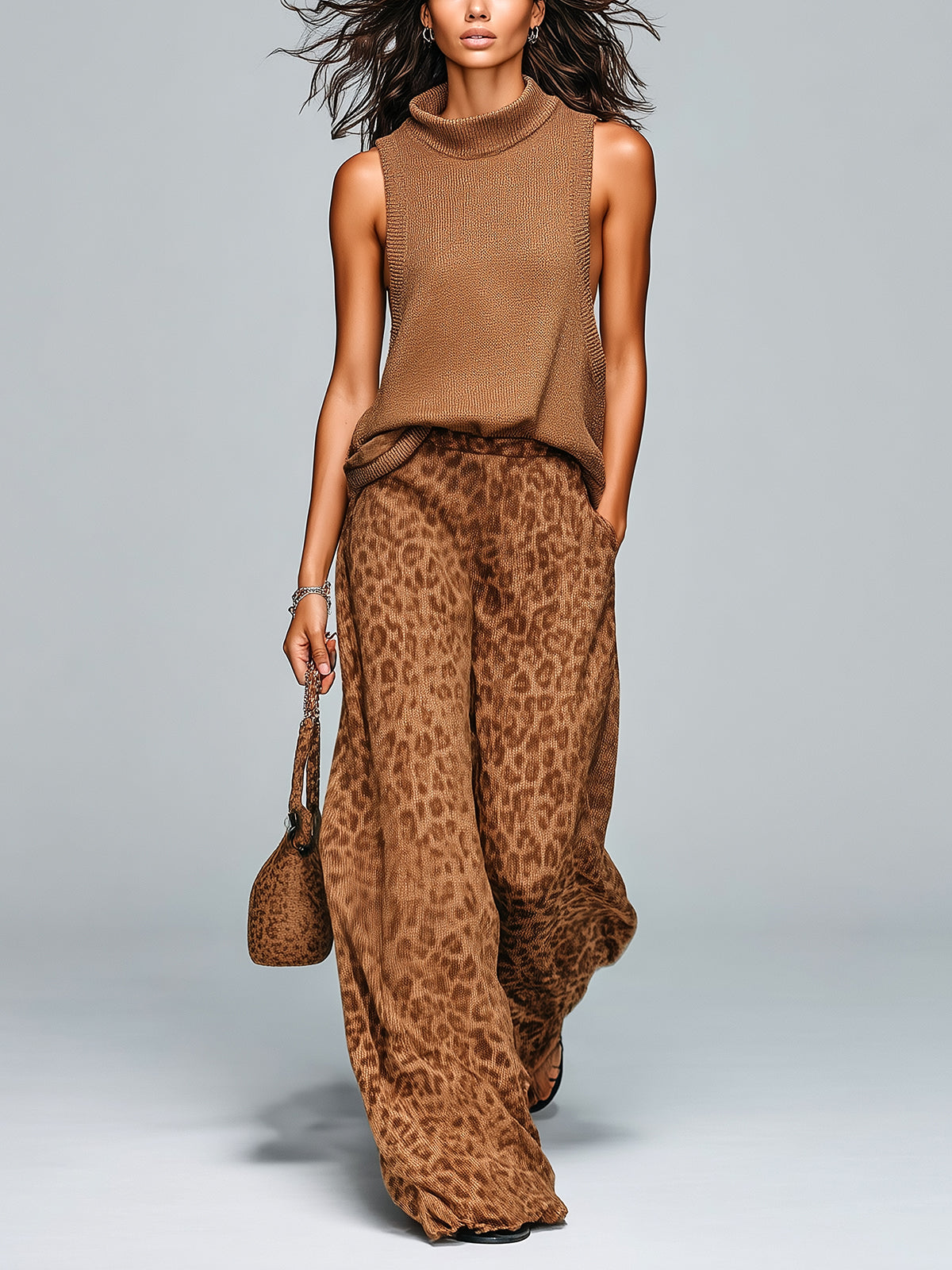 Chic Casual Brown Leopard Jacquard Mock Neck Sleeveless Loose-Fit Vest Wide-Leg Pants Knit Two-Piece Set