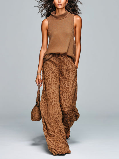 Chic Casual Brown Leopard Jacquard Mock Neck Sleeveless Loose-Fit Vest Wide-Leg Pants Knit Two-Piece Set