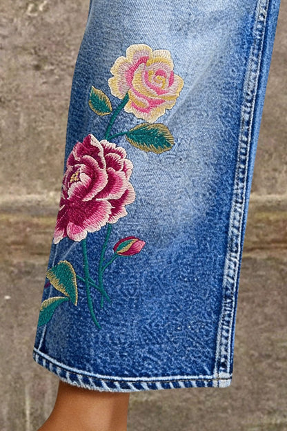 Wash Floral Embroidery Mid Rise Straight Leg Crop Jeans