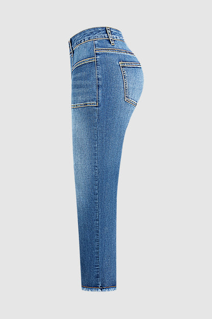 Wash Raw Hem Stitch Detail Mid Waist Straight Leg Cropped Jeans
