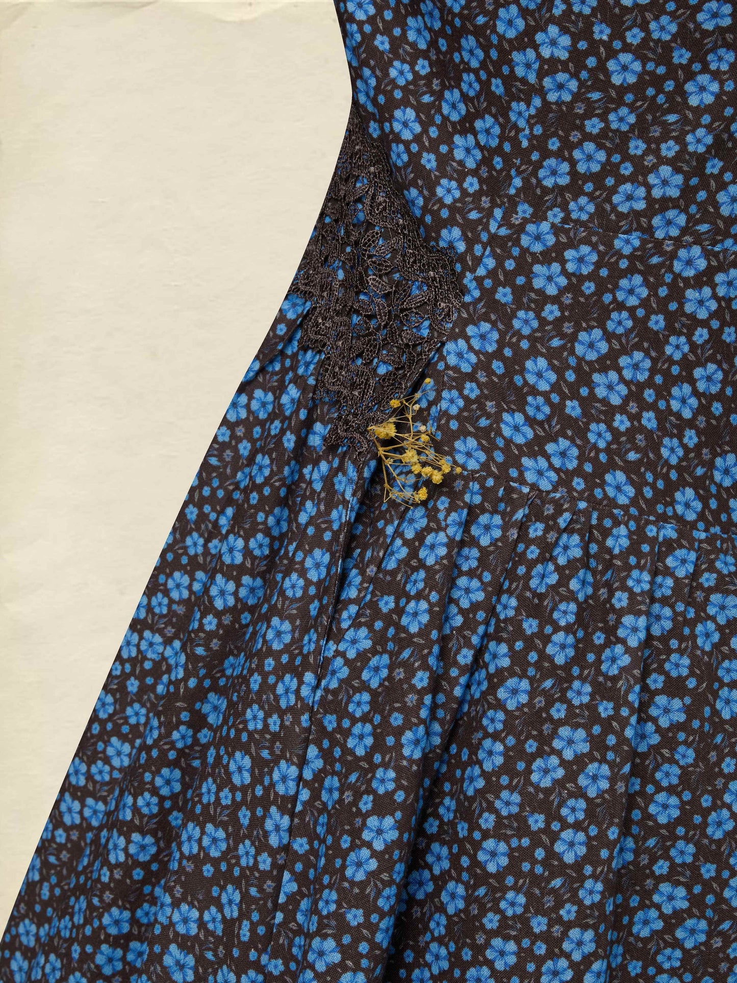 Robe longue en coton, sans manches, col en V, motifs floraux, dentelle, vintage, bleue
