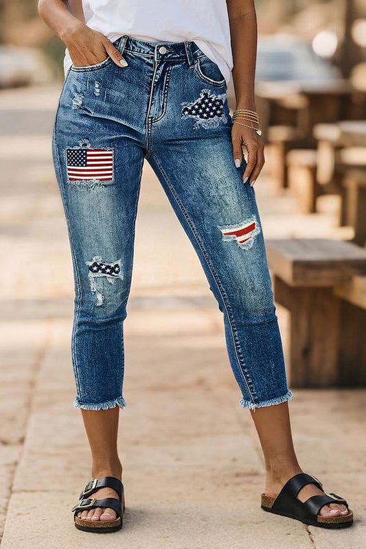 Wash American Flag Pattern Ripped Raw Hem Mid Rise Capri Skinny Jeans