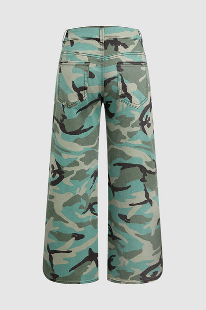 Camo Pattern Split Mid Waist Wide Leg Crop Pants Without Belt