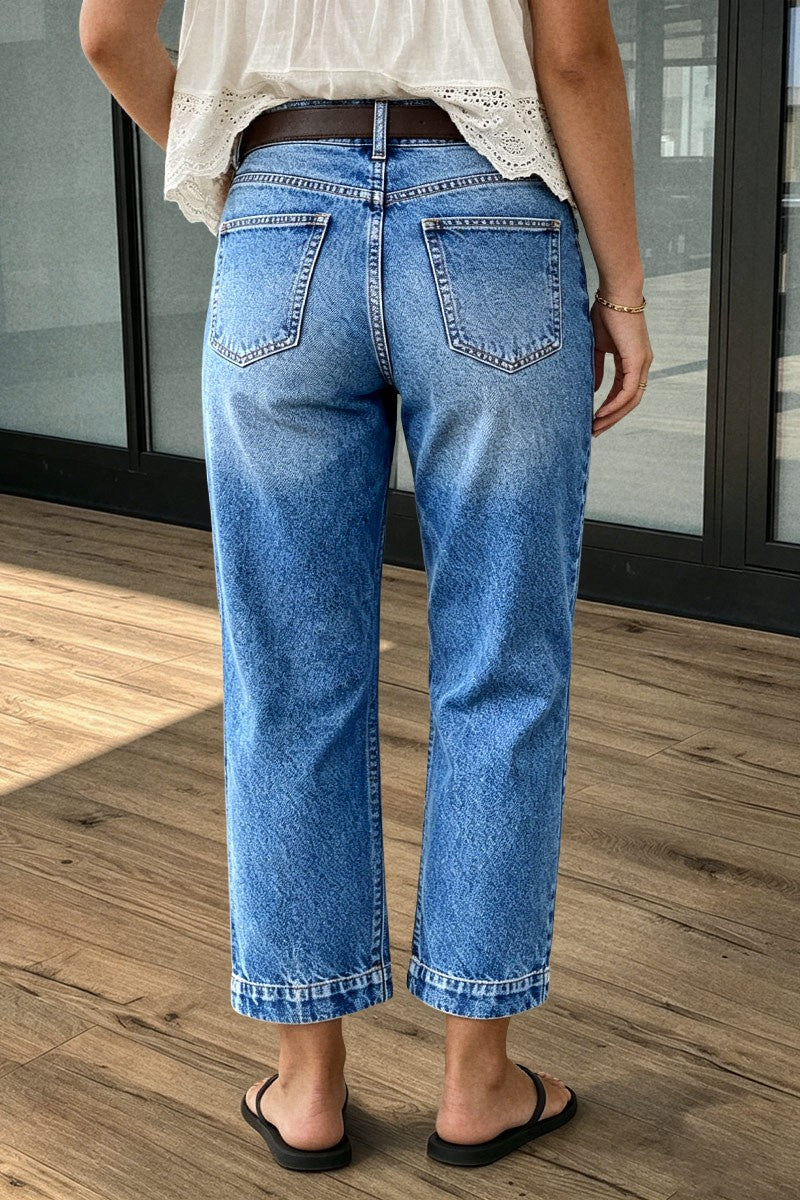 Wash Flap Pocket Stitch Detail Mid Waist Straight Leg Cropped Jeans Without Belt