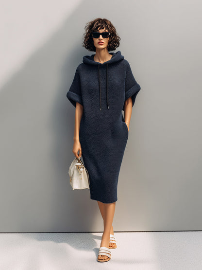 Chic Casual Navy Blue Hooded Short-Sleeve Loose-Fit Knit Midi Dress