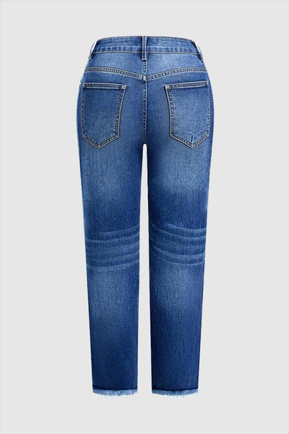 Raw Hem Ripped Mid Waist Straight Leg Crop Jeans