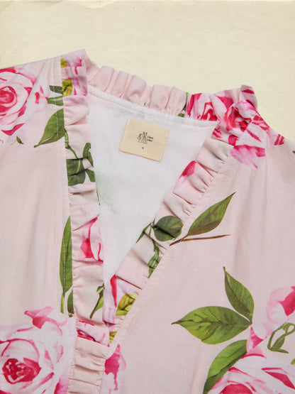 Robe midi en lin, manches longues, col en V, motif floral, ceinture, vacances, vintage, rose clair